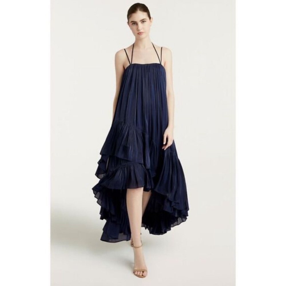 CINQ À SEPT Soliel Ruffle Trapeze Navy Blue High Low Midi Metallic Dress Size 2
